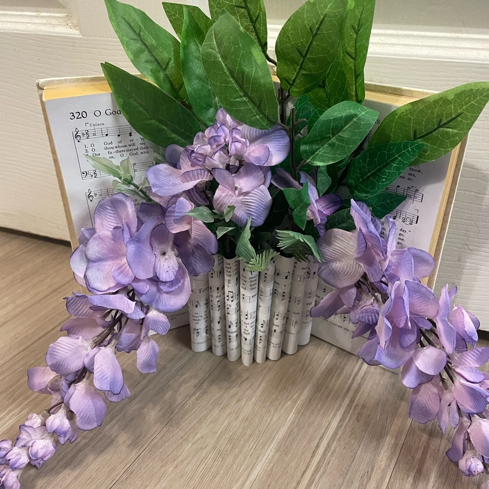 Handmade Hymnal Book Vase with Purple Floral Arrangement
